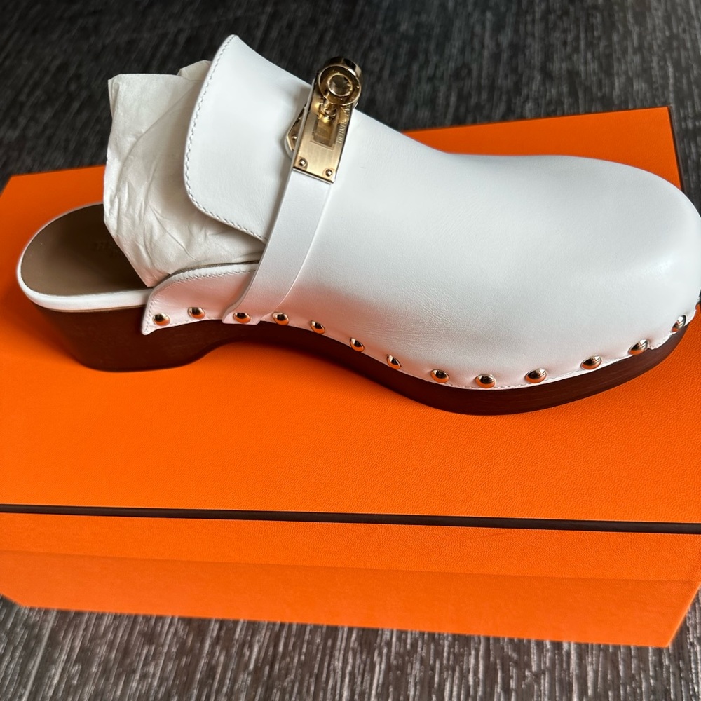 Hermes Carlotta Mule Gold Hardware White 38 Brand New Box and Receipt